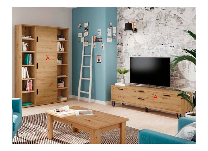 Salón con mueble de TV y estantería en oferta